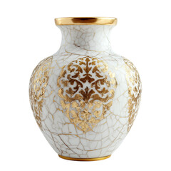 White Vase Adorned With Intricate Gold and Cracked on transparent background