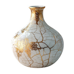 White Vase Adorned With Intricate Gold and Cracked on transparent background