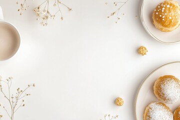 Xícara de café elegante com detalhes dourados, acompanhada de doces e decorações festivas em fundo branco, criada com IA generativa para um visual sofisticado e convidativo