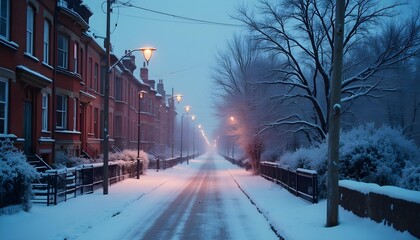 Snowy street scene with victorian houses and streetlights at dusk
