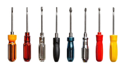 Set of assorted screwdrivers with various head types arranged isolated on a Transparent background, PNG file.