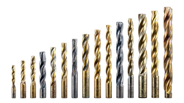 Set of assorted drill bits arranged in ascending size background isolated on a Transparent background, PNG file.