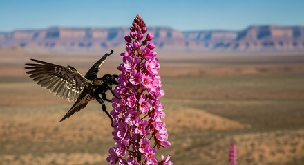 Bird perched on a pink flower in the desert.