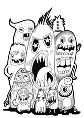Hand-drawn illustrations, monsters doodle, Hand Drawn cartoon monster illustration,Cartoon crowd doodle hand-drawn Doodle style.black and white stripes coloring  book.