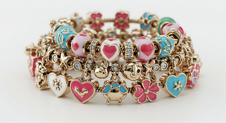 A Charm Bracelet Collection: Whimsical Hearts, Flowers, and Animals in Gold Tones.