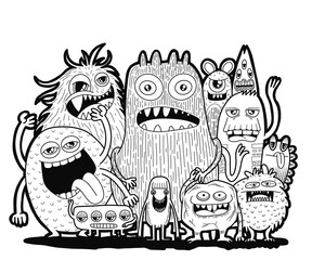 Hand-drawn illustrations, monsters doodle, Hand Drawn cartoon monster illustration,Cartoon crowd doodle hand-drawn Doodle style.black and white stripes coloring  book.