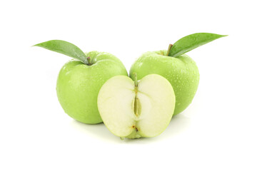 Fresh Green Apples with Leaves and Half Cut Isolated on White Background