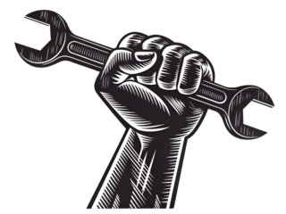 Raised fist holding wrench icon on transparent background
