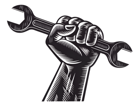 Raised fist holding wrench icon on transparent background
