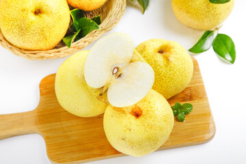 Fresh Asian Pears on Wooden Board with White Background - Healthy Fruit Display