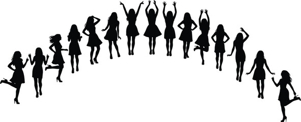 Silhouette, women, group, vector, illustration, girls, black, white, dresses, female, graphic, style, joyful, pose, energetic, celebration, happiness, fun, dancing, jumping,