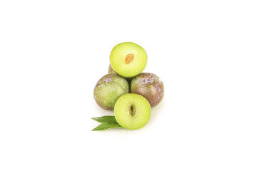 Fresh Green Plums Whole and Half Cut Fruit on White Background