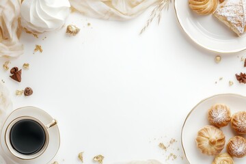 Xícara de café elegante com detalhes dourados, acompanhada de doces e decorações festivas em fundo branco, criada com IA generativa para um visual sofisticado e convidativo