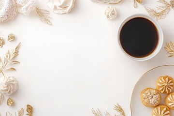 Xícara de café elegante com detalhes dourados, acompanhada de doces e decorações festivas em fundo branco, criada com IA generativa para um visual sofisticado e convidativo