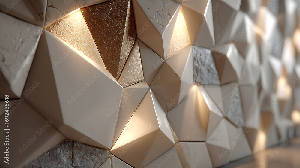 Poster a modern, abstract wall with a 3d geometric, low-poly pattern, with some facets illuminated by warm 