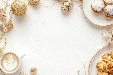 Xícara de café elegante com detalhes dourados, acompanhada de doces e decorações festivas em fundo branco, criada com IA generativa para um visual sofisticado e convidativo