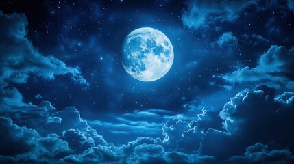 A luminous moon shines brightly in a deep blue sky filled with stars and fluffy clouds, creating a serene and mystical atmosphere.