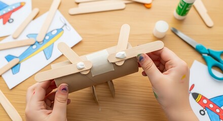 Child hands crafting toy airplane from recycled materials on wooden table.