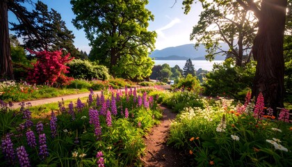 Colorful garden path with lupines, overlooking a lake