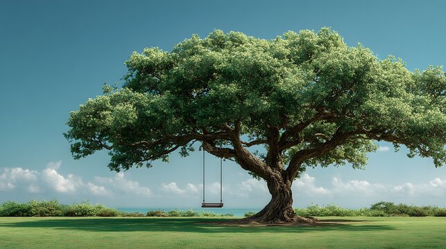 Magnificent, sprawling oak tree with a full canopy of vibrant green leaves. A simple wooden swing hangs from a sturdy branch in this idyllic, photorealistic scene.