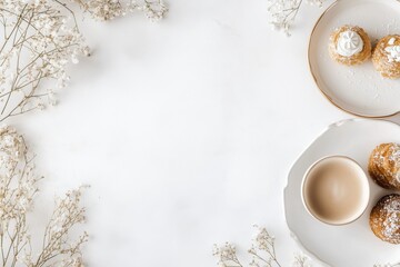 Xícara de café elegante com detalhes dourados, acompanhada de doces e decorações festivas em fundo branco, criada com IA generativa para um visual sofisticado e convidativo