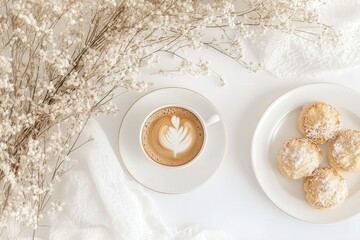 Xícara de café elegante com detalhes dourados, acompanhada de doces e decorações festivas em fundo branco, criada com IA generativa para um visual sofisticado e convidativo