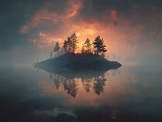 Surreal island is peacefully floating under magical sky at dawn, creating an ethereal and dreamy scene