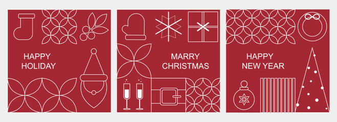 Set of elegant minimalistic greeting cards for Christmas and New Year. Mosaic Christmas banners.
