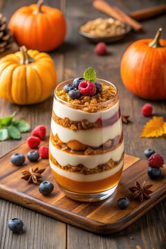 Photo of a layered parfait dessert in a glass, featuring yogurt, granola, and berries, served alongside fresh pumpkins and autumn leaves for a festive fall treat