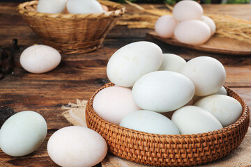 Fresh Free-Range Duck Eggs in Wicker Basket on Rustic Wooden Table - Farm Fresh Organic Poultry Products