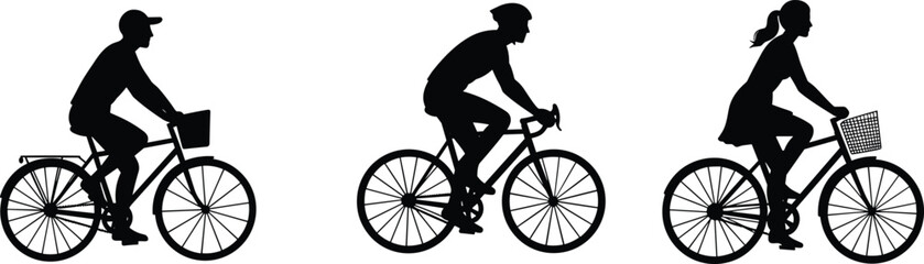 Silhouettes of diverse people riding bicycles, including men and woman, showcasing outdoor activity, fitness, and transportation on white background.