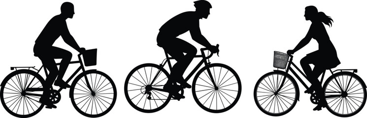 Silhouettes of diverse people riding bicycles, including man and woman, showcasing outdoor activity, fitness, transportation on white background.