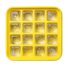 Yellow silicone ice cube tray filled with water top view on transparent background