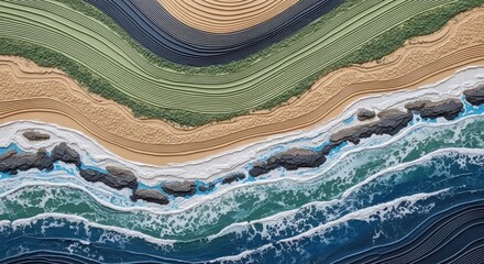 Abstract landscape with ocean, rocks, beach, greenery from above