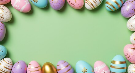 Colorful Easter Eggs Frame on Green Background.