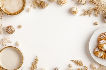 Xícara de café elegante com detalhes dourados, acompanhada de doces e decorações festivas em fundo branco, criada com IA generativa para um visual sofisticado e convidativo