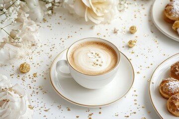 Xícara de café elegante com detalhes dourados, acompanhada de doces e decorações festivas em fundo branco, criada com IA generativa para um visual sofisticado e convidativo
