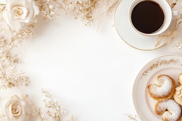 Xícara de café elegante com detalhes dourados, acompanhada de doces e decorações festivas em fundo branco, criada com IA generativa para um visual sofisticado e convidativo