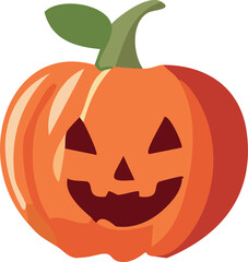 A smiling carved pumpkin with a green stem, a classic Halloween decoration.