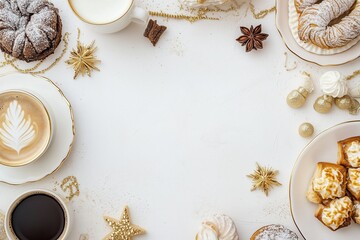 Xícara de café elegante com detalhes dourados, acompanhada de doces e decorações festivas em fundo branco, criada com IA generativa para um visual sofisticado e convidativo