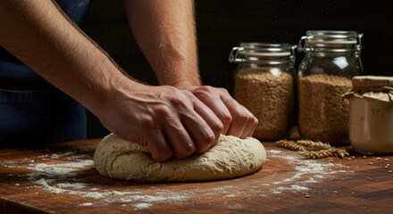 Obraz premium Chef kneading fresh dough on rustic wooden table preparing sourdough bread in traditional bakery with flour and grains