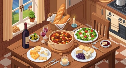Fototapeta premium A dining table laden with a hearty stew, bread, wine, cheese, and salad in a cozy kitchen setting