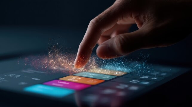 A hand interacting with a touchscreen scrolling through a colorful app store designed for cobot firmware highlighting skill swap categories like precision handling and automated assembly.