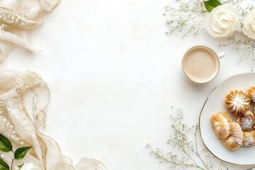 Xícara de café elegante com detalhes dourados, acompanhada de doces e decorações festivas em fundo branco, criada com IA generativa para um visual sofisticado e convidativo