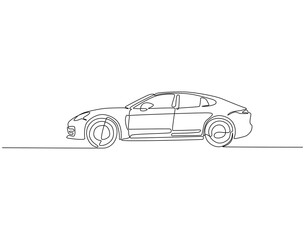 Fototapeta premium Continuous line drawing of modern car. Single line illustration of modern car side view. Modern auto vehicle concept. Editable outline