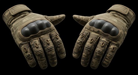 Pair of tactical gloves with reinforced knuckles, showcasing modern design and protective features for outdoor activity