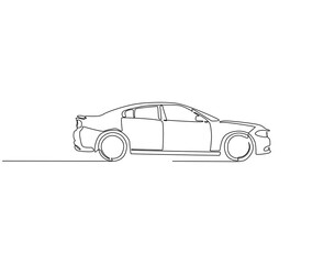 Continuous line drawing of modern car. Single line illustration of modern car side view. Modern auto vehicle concept. Editable outline