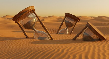Fototapeta premium Hourglasses half-buried in sand dunes, depicting the passage of time in a desert