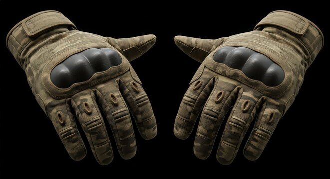 Pair of tactical gloves with reinforced knuckles, showcasing modern design and protective features for outdoor activity