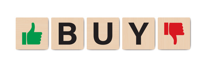 Concept word BUY on wooden blocks. Business and BUY concept. Shopping, review, like and dislike. Buy Solutions, Big and Small Thumbs Up and Down. Forex and investment market.
